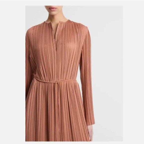 Vince Pleated Satin Long-Sleeve Midi Dress - Picture 5 of 11